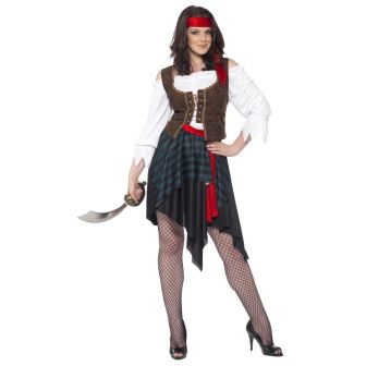 Pirate Lady Costume Brown Shirt Attached Waistcoat Skirt Belt & Headband