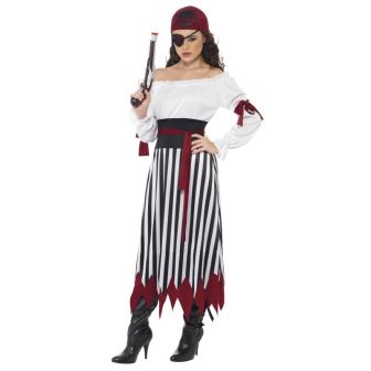Pirate Lady Costume Black & White Dress with Arm Ties Belt and Headpiece (M)