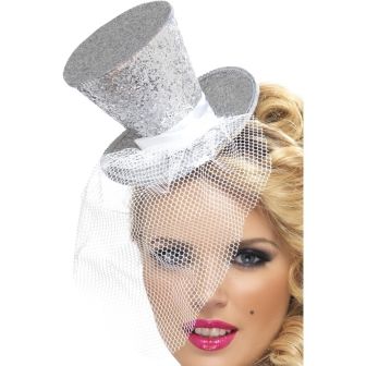 Fever Mini Top Hat on Headband Silver with Detachable Netting