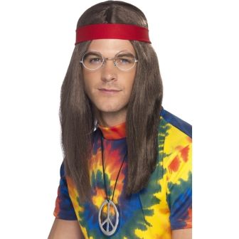 Hippy Man Kit Brown Wig Specs Peace Sign Medallion & Headband
