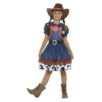 Texan Cowgirl Costume Blue with Dress Attached Waistcoat & Hat (S)