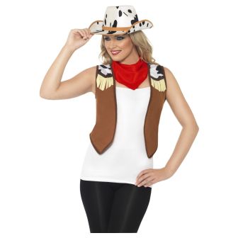 Instant Kit Wild West Female Brown & White with Waistcoat Neck Scarf and Hat