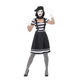 Lady Mime Artist Costume Black Dress Collar Beret Gloves Tights & Make-Up (L)