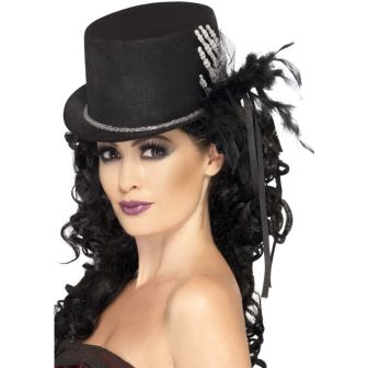 Top Hat Black with Skeleton Hand Feathers & Ribbons