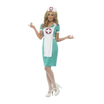 Scrub Nurse Costume Green with Dress Mock Apron & Headpiece (S)