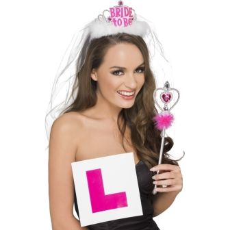 Hen Party Kit Pink & White with Bride to Be Tiara & Veil L Plate Badge & Wand