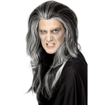 Gothic Vampire Wig Black Long with White Highlights