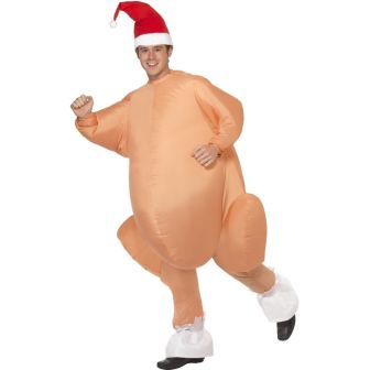 Inflatable Roast Turkey Costume Nude with Bodysuit Hat & Self Inflating Fan
