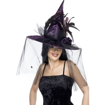 Witch Hat Purple with Feathers & Netting Deluxe