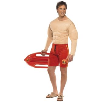 Baywatch Lifeguard Costume Red with Muscle Chest & Attached Shorts (L)