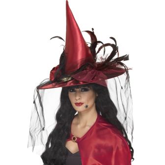 Witch Hat Deep Red with Net & Feathers Deluxe
