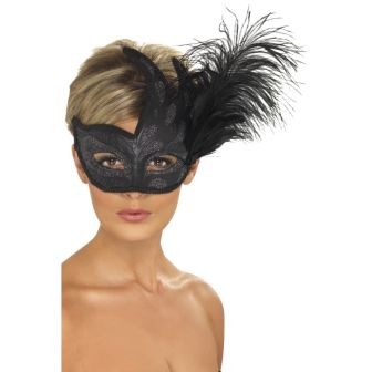 Ornate Colombina Feather Mask Black