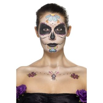 Day of the Dead Face Tattoo Transfers Kit Aqua Multi-Coloured Facepaint Gem Stickers Crayon & Applicators