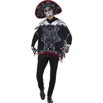 Day of the Dead Bandit Costume Black & White with Poncho Sombrero & Gloves