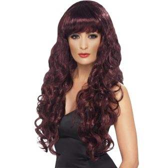Siren Wig Maroon Long Curly with Fringe