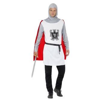 Knight Costume Economy White Top with Attached Cape Belt & Hood (L)