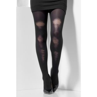 Opaque Tights Black with Distressed Detail