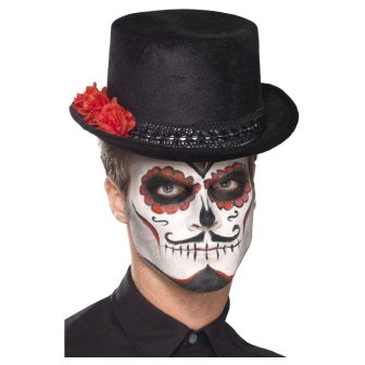 Day of the Dead Top Hat Black with Red Rose
