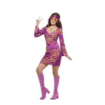 Hippie Chick Costume Multi-Coloured with Dress Headscarf & Medallion (M)