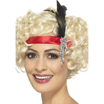 Red Satin Charleston Headband with Feather & Jewel Detail