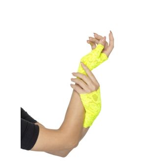 80s Fingerless Lace Gloves Neon Yellow Short