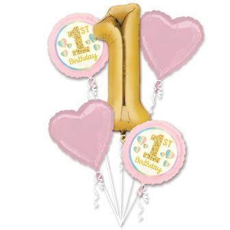1st Birthday Pink & Gold Foil Balloon Bouquet - 5pk
