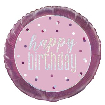 Happy Birthday Pink & Silver Prismatic Foil Balloon - 18"