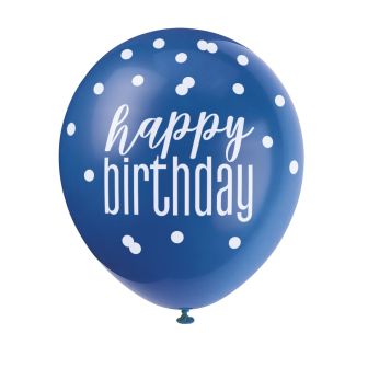 Blue & White Glitz Happy Birthday Latex Balloons - 6pk