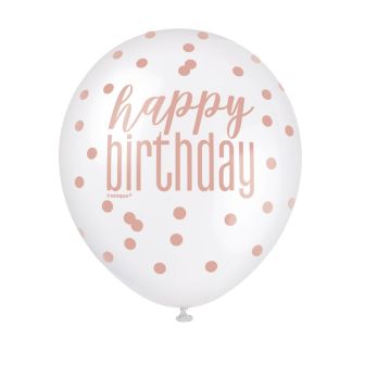 Rose Gold Glitz Happy Birthday Latex Balloons - 6pk