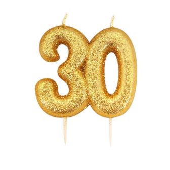 Age 30 Glitter Numeral Moulded Pick Candle Gold