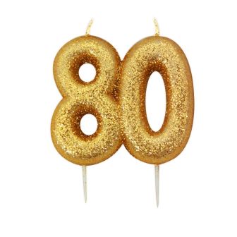 Age 80 Glitter Numeral Moulded Pick Candle Gold