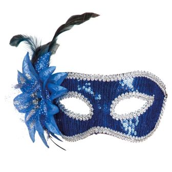 Blue Sequin Masquerade Mask with Flower