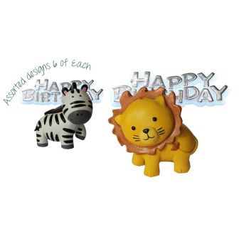 Safari Animals Resin Cake Toppers & Silver Happy Birthday Motto Assorted Designs 6 of Each