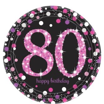 80th Pink and Black Paper Plates