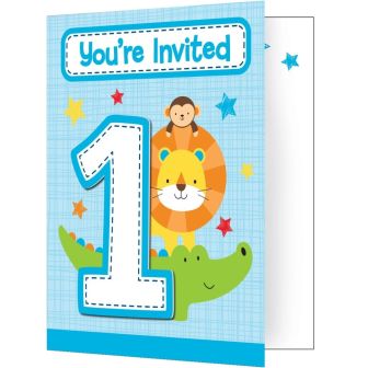 One is Fun Boy Foldover Invitations with Envelopes and Stick-on Attachments