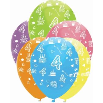 Age 4 Bright Mix Latex Balloons All Round Print