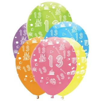 Age 13 Bright Mix Latex Balloons All Round Print