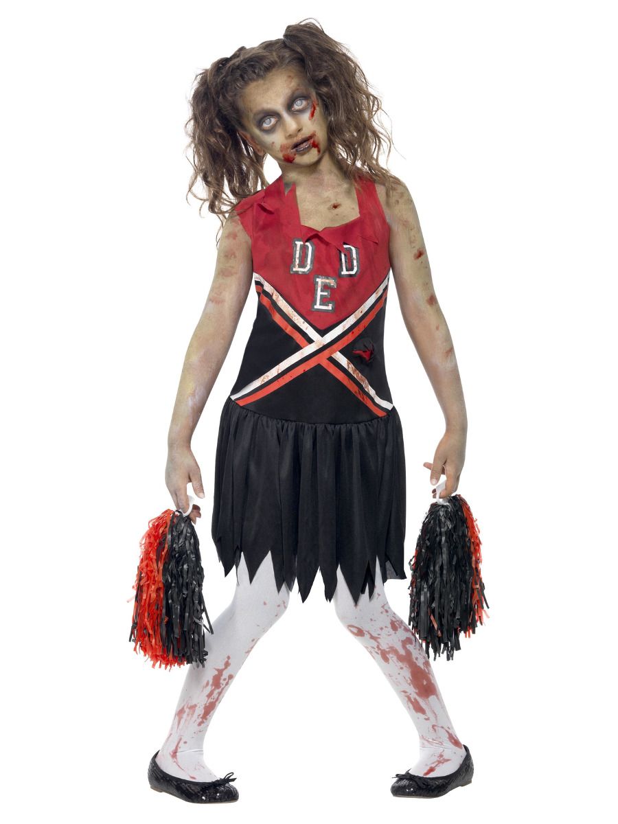 Zombie Cheerleader Costume Red & Black with Blood Stained Dress & Pom Poms